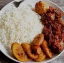 White Rice & Stew Meal (Plantain & Chicken, or Beef)